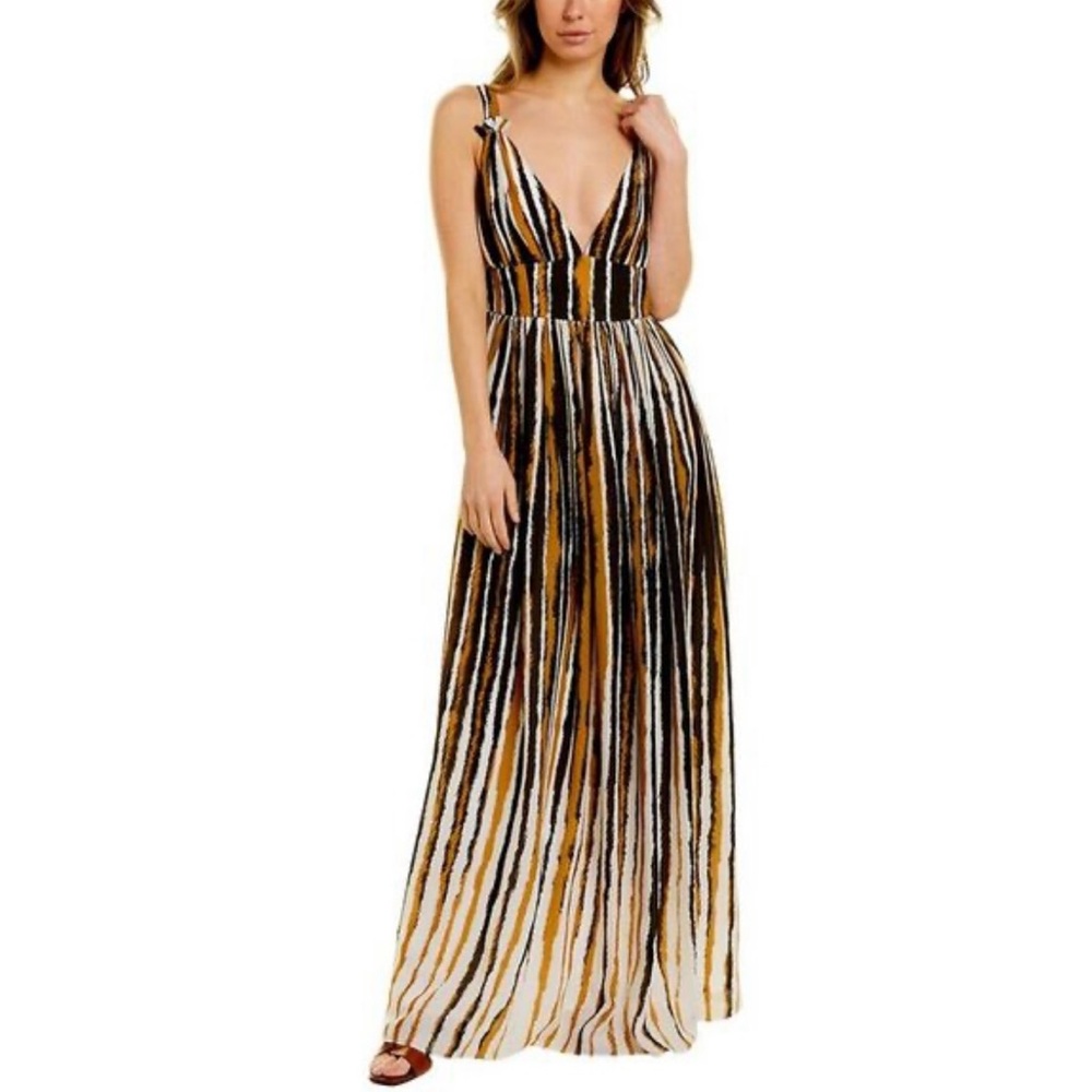 Ronny Kobo Sallee Pleated Maxi Dress Plunge Neck Striped XS